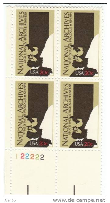 #2081 Plate # Block Of 4, 1984 National Archives, Abraham Lincoln &amp; George Washington, 20-cent US Postage Stamps - Numéros De Planches