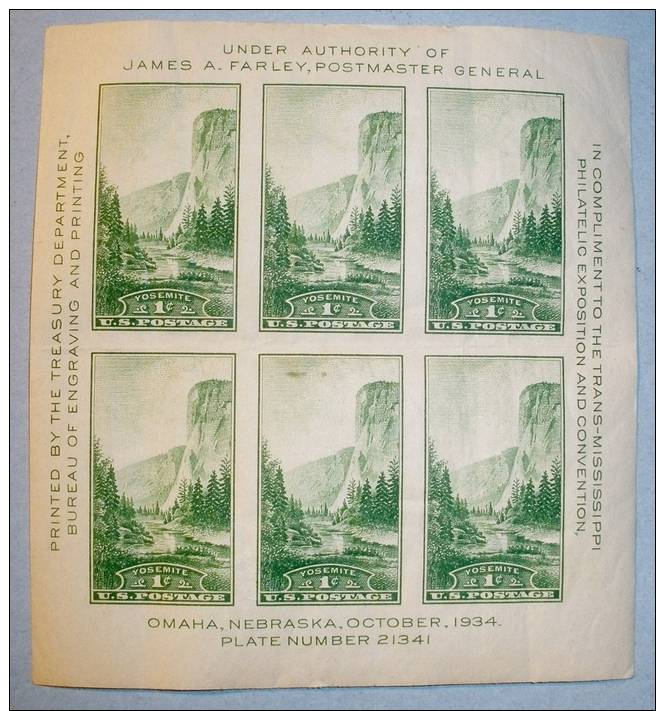 8. U.S. 1934 Trans-Mississippi Philatelic Exposition Issue Souvenir Sheet - Unused Stamps