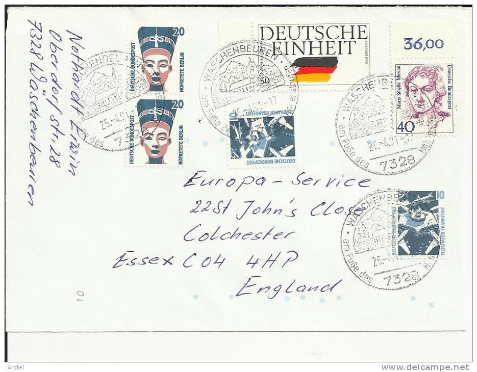 ALEMANIA CC MAT WASCHENBEUREN CON IGLESIA SELLOS UNIFICACION ARTE EGIPCIO AEROPUERTO - Storia Postale