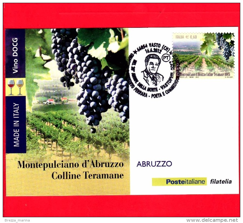 ITALIA - 2012 - Usato - Vastophil  - Cartolina - Vini Docg -  0.60 - Annullo Speciale - 25 Morte E. Ferrara - 2011-20: Marcophilie