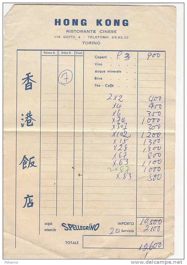 PO4286B# RICEVUTA - RISTORANTE CINESE HONG KONG - TORINO - PUBBLICITA' ACQUA S.PELLEGRINO Anni '60 - Italia