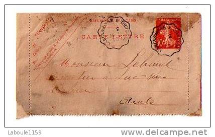 ENTIER POSTAL CARTE LETTRE Avec Correspondance : "Semeuse Lézignan Luc Sur Orbieu 1915  Ambulant Carcassonne à Toulouse" - Cartoline-lettere