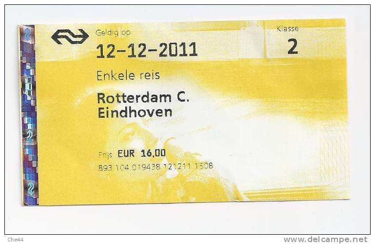 Ticket De Train 2ème Classe. Rotterdam - Eindhoven. (Voir Commentaires) - Europe