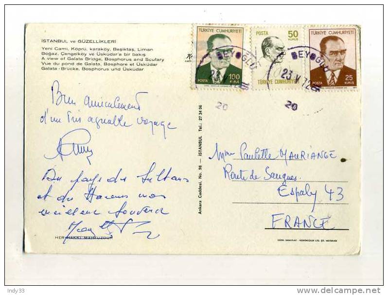 - TURQUIE . AFFRANCHISSEMENT COMPSE SUR CP DE 1972  POUR LA FRANCE - Cartas & Documentos