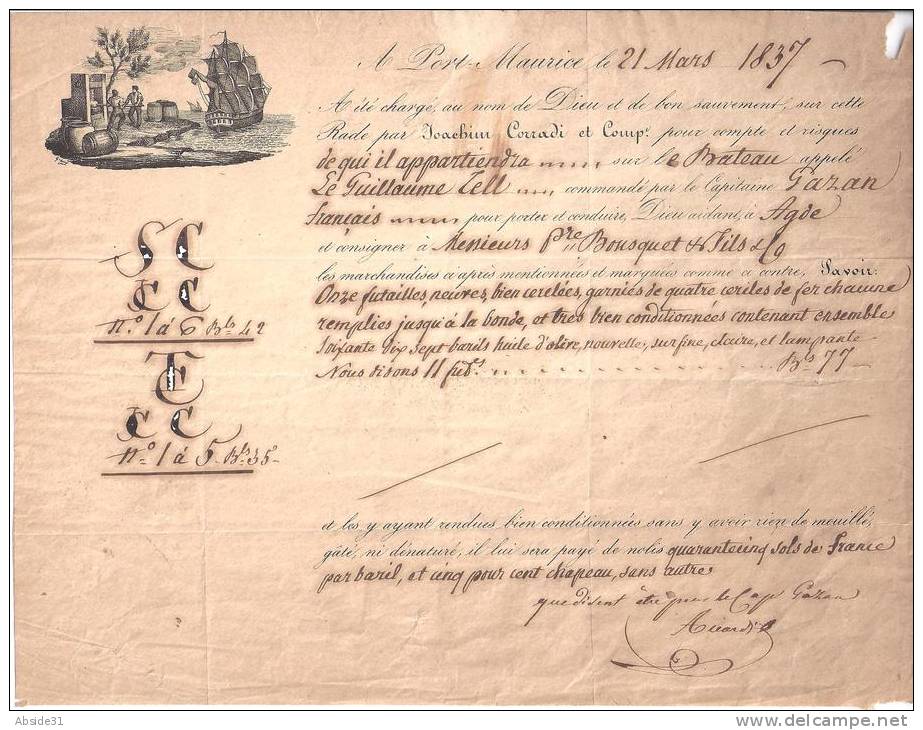 Contrat De Transport Huile Olive  Entre Port Maurice Et Agde Par Le Bateau " Guillaume Tell " - Documents Historiques