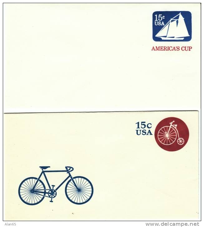 #U597 #U598 15-cent  Postal Stationery, Bicycle And America's Cup Sailboat, Lot Of 2 Envelopes - 1961-80