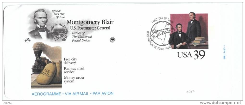 #UC62 39-cent  Air Mail Aerogramme Postal Stationery, 1989 FDC First Day Cover Montgomery Blair US Postmaster General - 1981-00