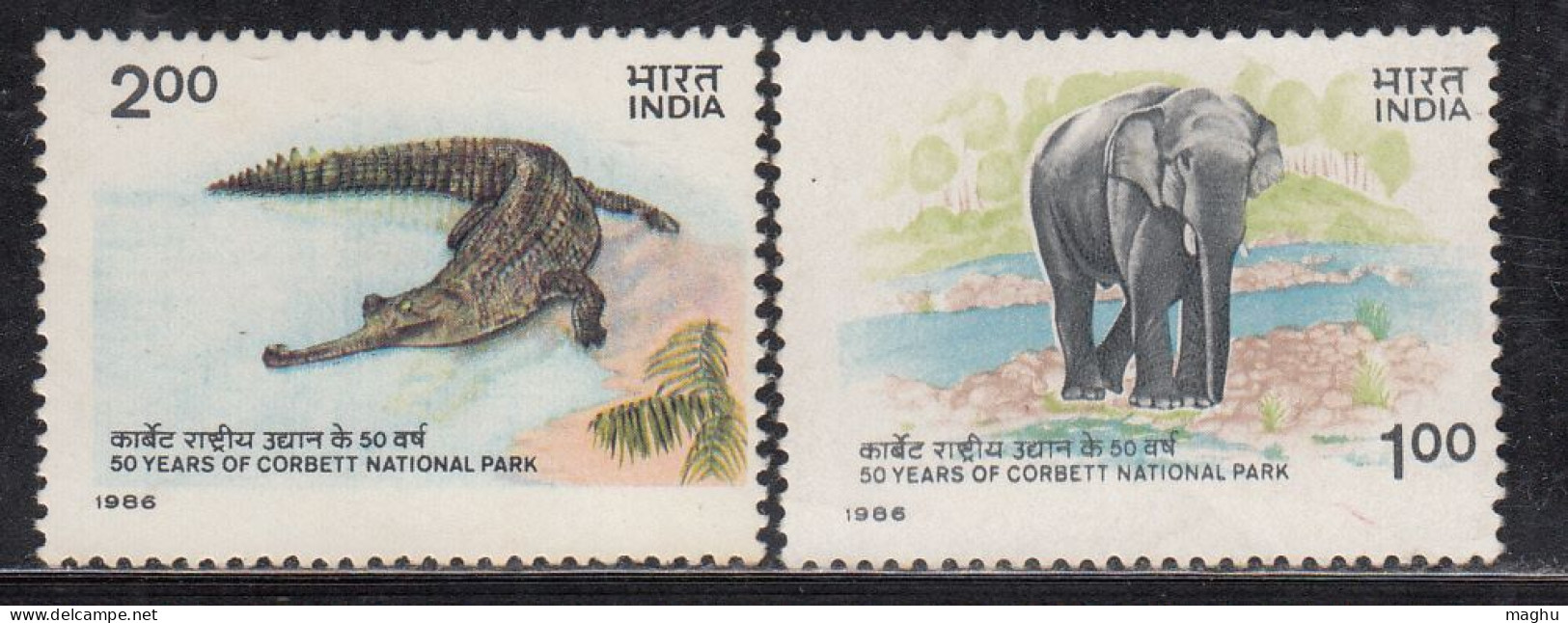 India MNH 1986, Set Of 2, Corbett National Park, Indian Elephant, Crocodile, Reptile - Nuovi