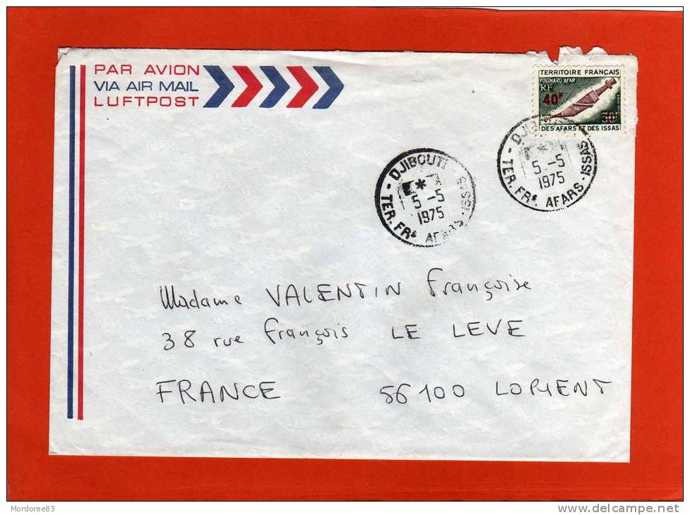 YVERT 393 SEUL SUR LETTRE AVION DJIBOUTI 5/5/1975 POUR LORIENT - Covers & Documents