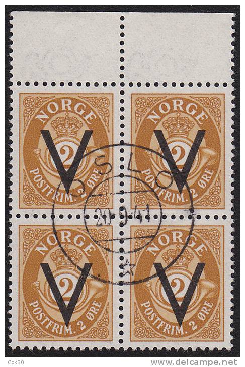 NORWAY 1941 - 2 öre «V Overprint» Margin Bl. Of 4 OSLO 20.9.41 With Watermark (NK No. 262), Wmk Pos.2. Perfect Quality. - Neufs