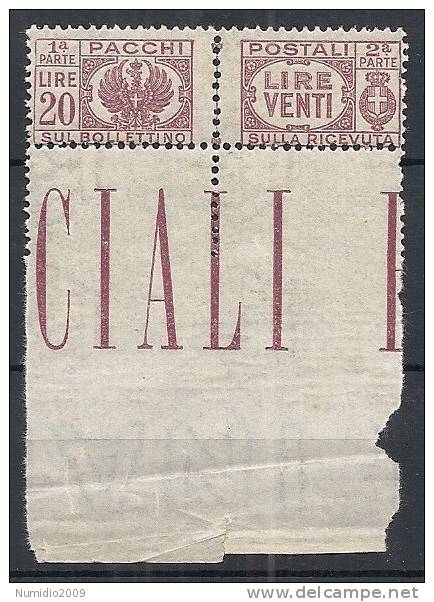 1946 LUOGOTENENZA PACCHI POSTALI 20 LIRE LUSSO MNH ** - RR10734-2 - Colis-postaux