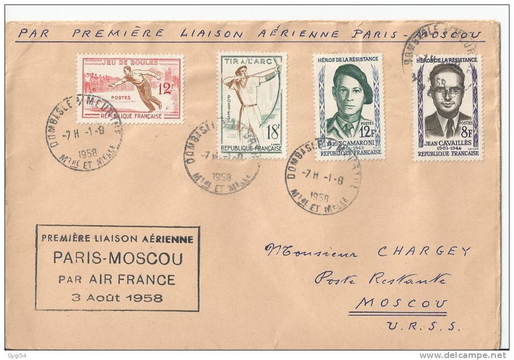 Paris - Moscou Par Air   France  3 Août 1958 Première Liaison Aérienne - First Flight Covers