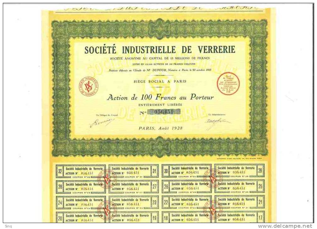 Société Industrielle De Verrerie Août 1928 - Autres & Non Classés