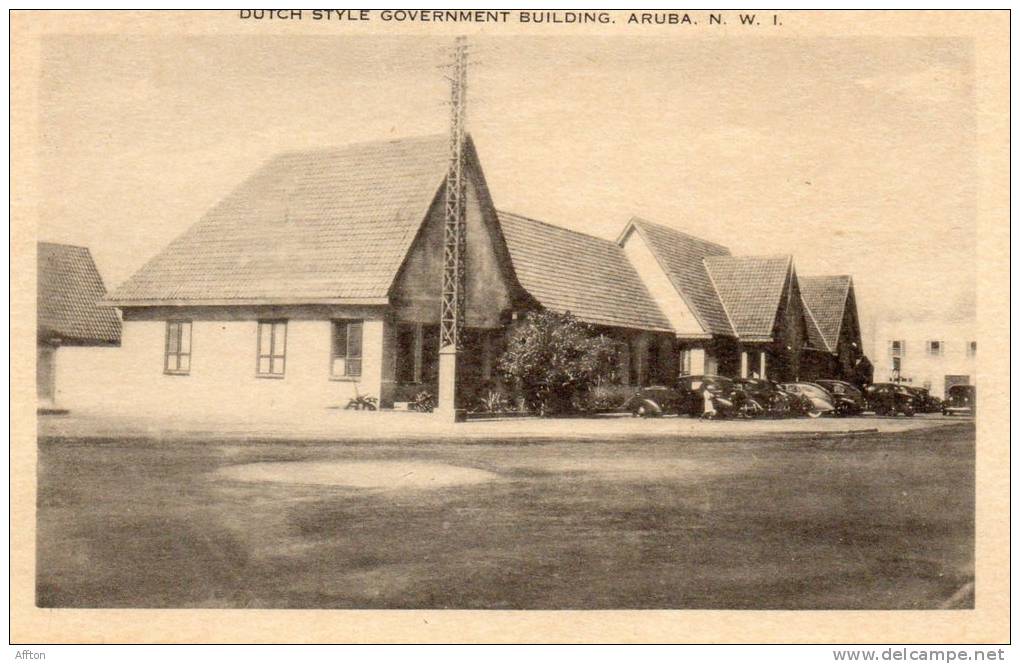 Aruba NWI Old Postcard Dutch Style Govt Bldg & Cars - Aruba