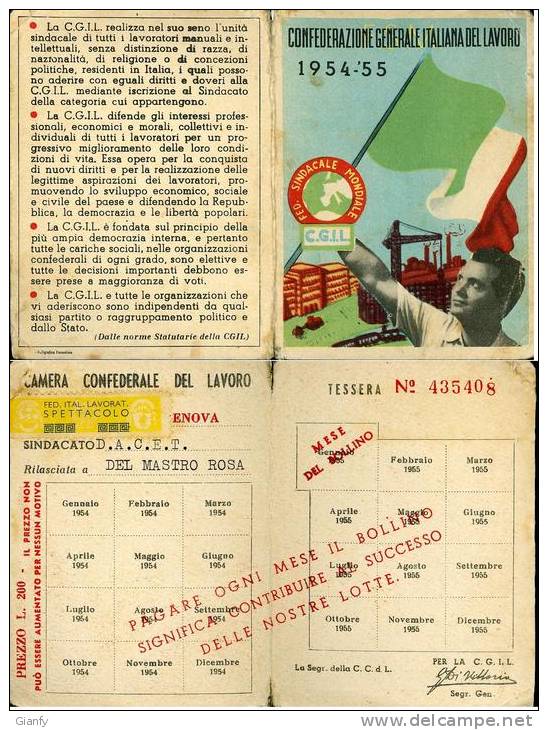TESSERA CGIL CONFEDERAZIONE GENERALE ITALIANA LAVORO GENOVA 1954 - Membership Cards