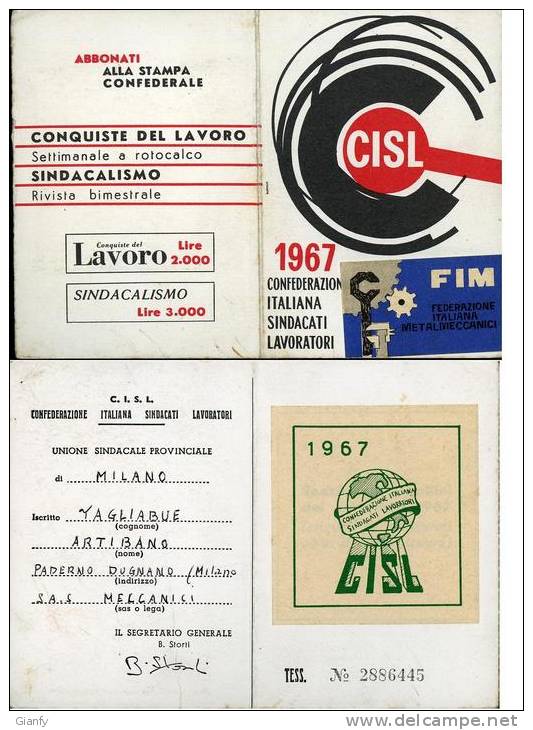 TESSERA CISL FIM FEDERAZIONE ITALIANA METALMECCANICI 1967 - Membership Cards
