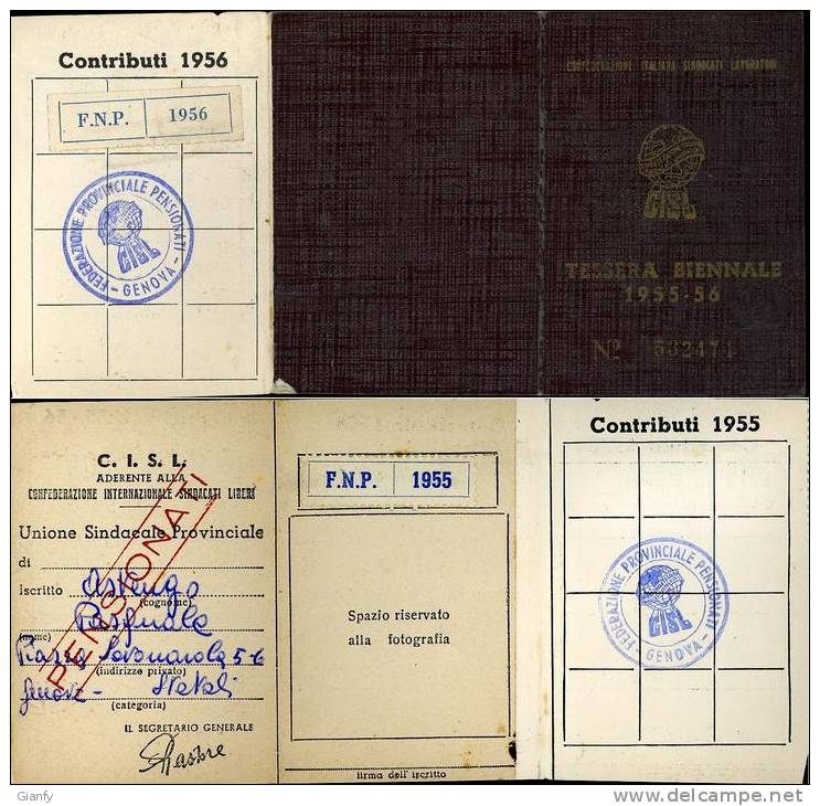 TESSERA CISL STATALI GENOVA 1955 - Tarjetas De Membresía