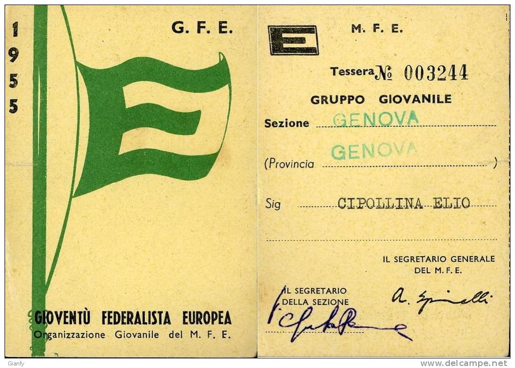 TESSERA GIOVENTU FEDERALISTA EUROPEA GENOVA 1955 - Membership Cards