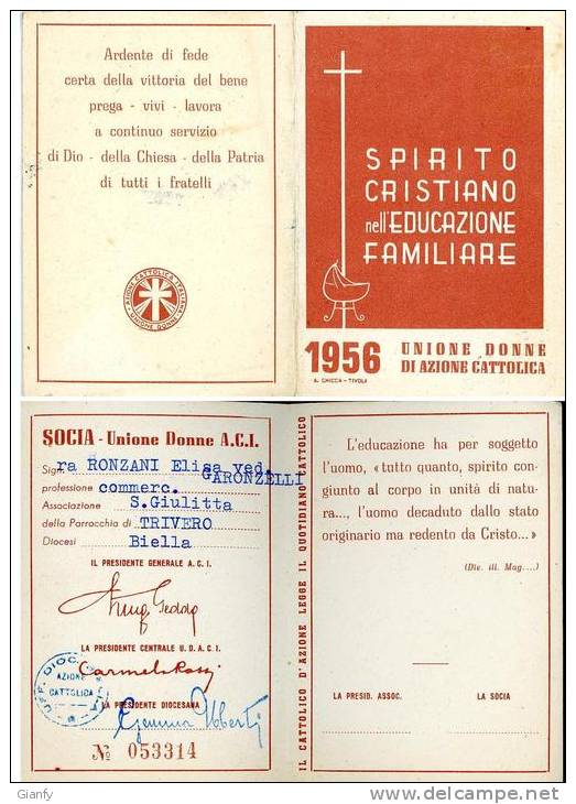 TESSERA UNIONE DONNE AZIONE CATTOLICA TRIVERO BIELLA 1956 - Membership Cards