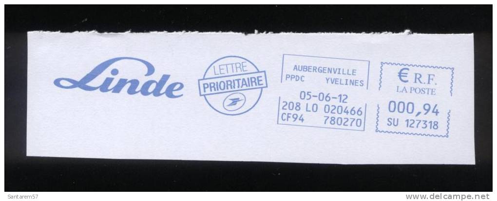 EMA Empreinte Machine à Affranchir Postage Meter Footprint LINDE 0,94 Euro 05.06.12 AUBERGENVILLE FRANCE - Freistempel