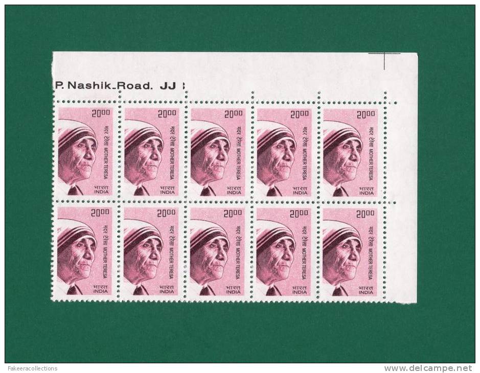 INDIA 2008 MOTHER TERESA Definitive Stamp BLOCK OF 10 IMPRINT MNH** S.G 2539  BUILDERS OF MODERN INDIA SERIES AS SCAN - Moeder Teresa