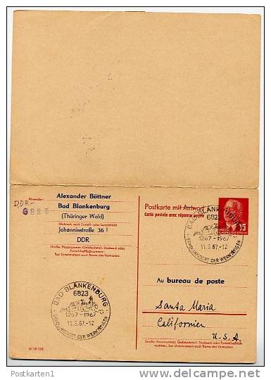 DDR P 65 Antwort-Postkarte ZUDRUCK Böttner #5 Santa Maria USA  1967 - Privé Postkaarten - Gebruikt
