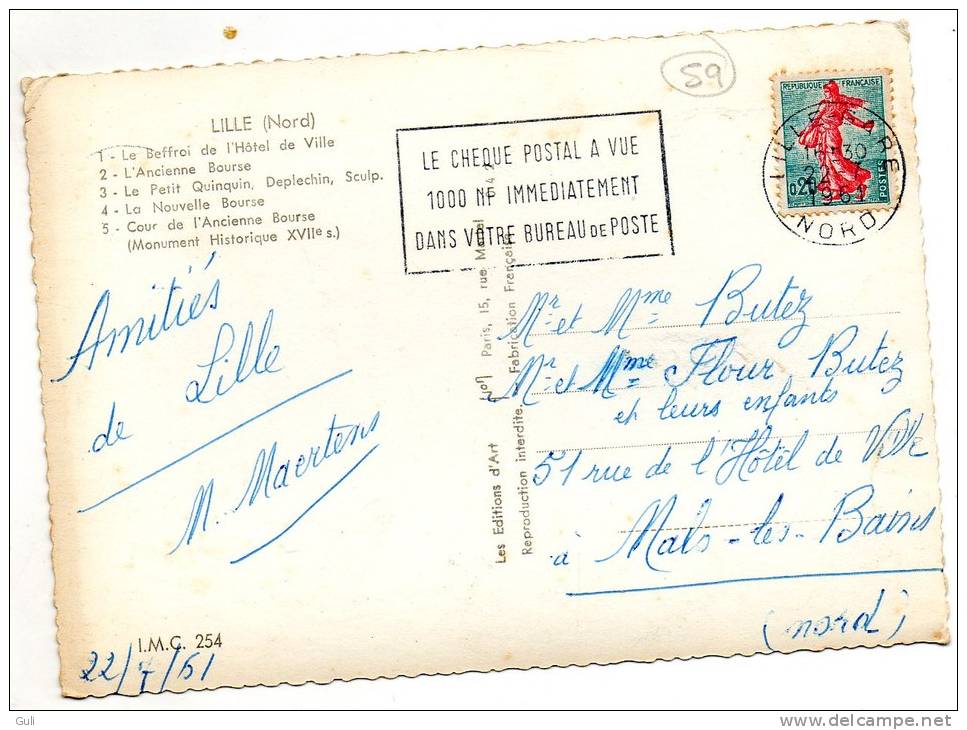 59] Nord > LILLE - Multi Vues ( Auto Voiture Beffroi Quinquin Bourse ) (Année:1961)* PRIX FIXE - Lille