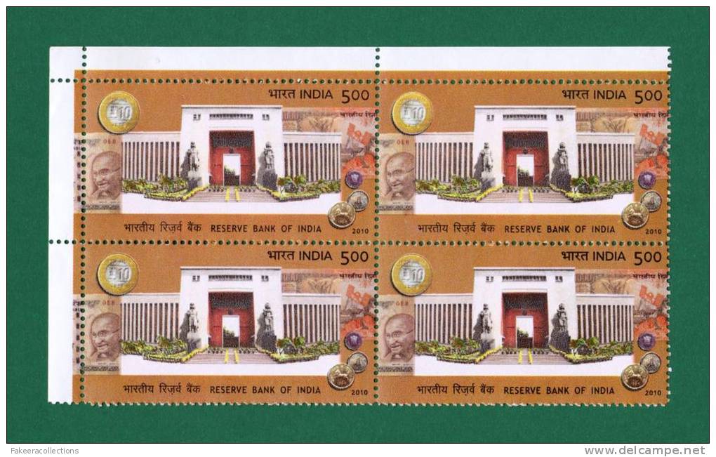 INDIA 2010 RESERVE BANK OF INDIA STAMP BLOCK OF 4 MNH ** GANDHI , COIN , CURRENCY AS PER SCAN - Unused Stamps