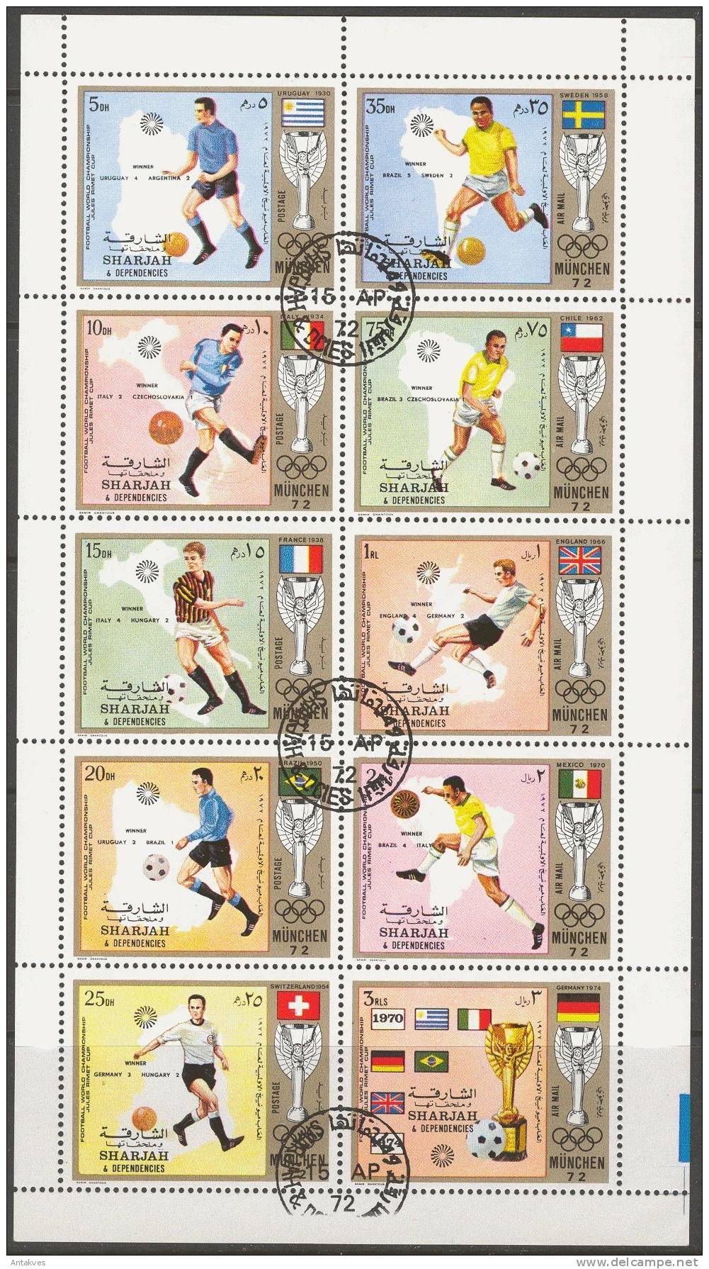 Sharjah 1972 Olympic Games Munich Football, Soccer Sheet Of 10 Obliteries/used - 1974 – West Germany