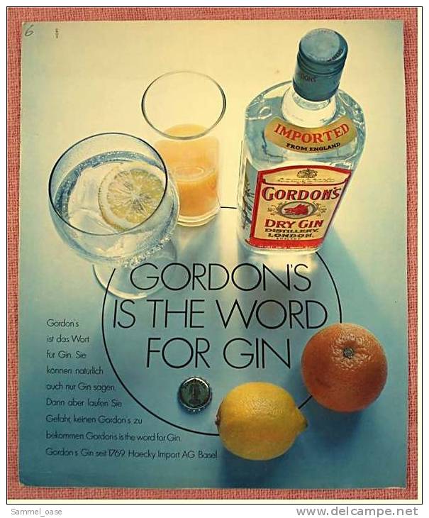 Reklame Werbeanzeige  -  GORDON`S DRY GIN - Gordons Is The Word For Gin  -  Von 1971 - Alkohol