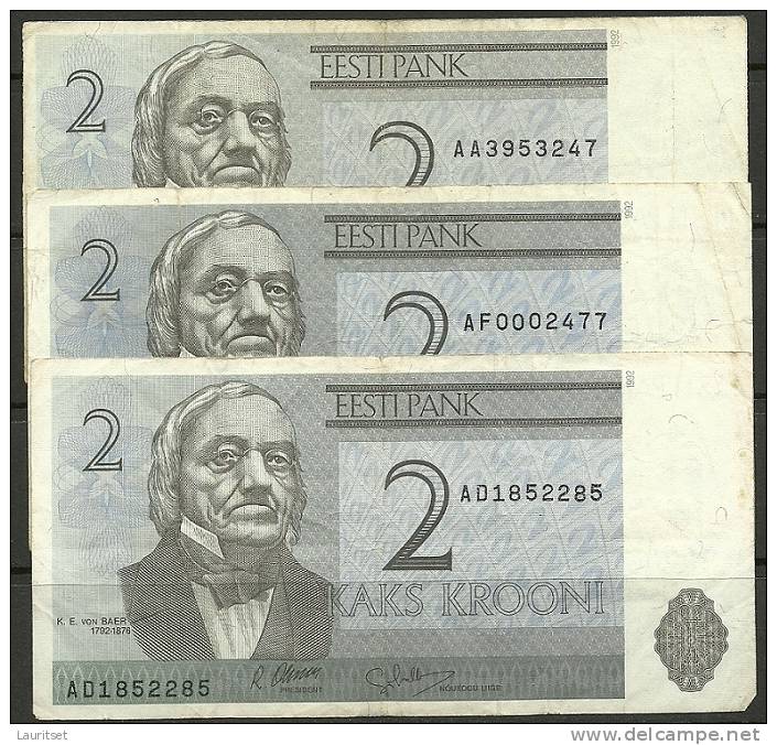 ESTLAND Estonia Estonie 2 Krooni Banknote, 3 Ex, Karl Ernst Von Baer + Universität Dorpat 1992 - Estonia