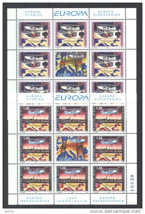 Jugoslawien – Yugoslavia 1994 Europa CEPT Mini Sheets Of 8 + Label MNH, 5 X; Michel # 2657-58 - Blocks & Sheetlets