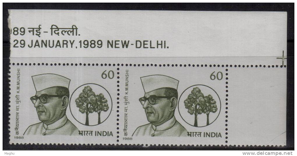 India MNH 1988,  Margin Pair Of Kanahiyalal Munshi, Environmentalist, Writer. Patriot, Environment, Tree. - Neufs