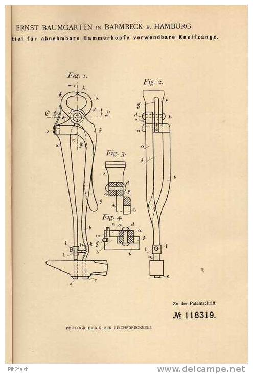 Original Patentschrift - E. Baumgarten In Barmbeck B. Hamburg , 1899 , Kneifzange Als Abnehmbarer Hammer !!! - Antike Werkzeuge
