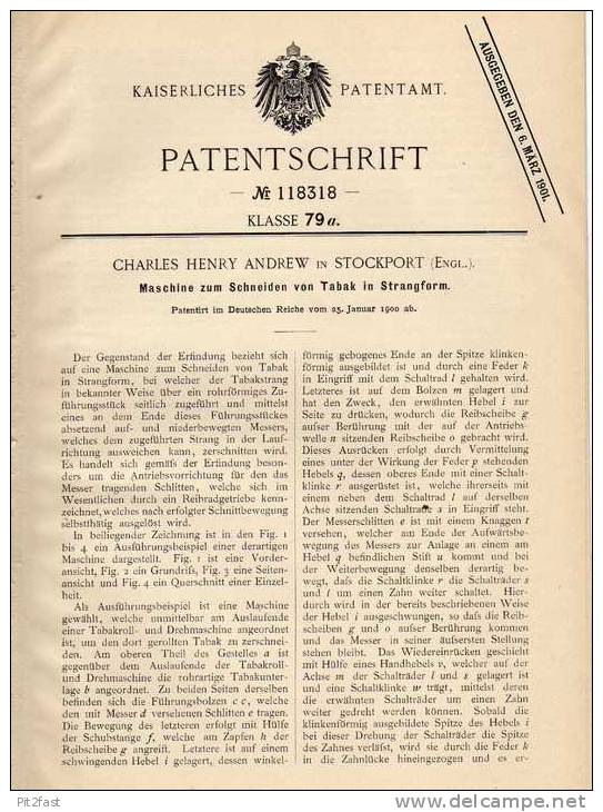 Original Patentschrift - C. Andrew In Stockport , 1900 , Maschine Für Tabak , Cigarette , Cigarre !!! - Documentos