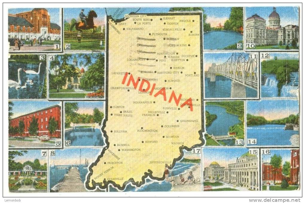 USA, Indiana, Map & Views, 1949 Used Linen Postcard [10283] - Autres & Non Classés