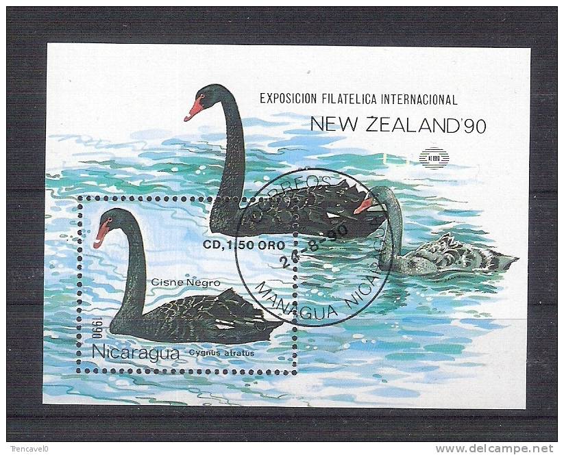 Nicaragua 1990-Cisne Negro-Hojita Bloque Exposicion Filatelica Nueva Zelanda-usado - Cisnes