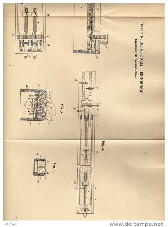 Original Patentschrift - D. Bertram In Edinburgh , 1899 , Maschine Für Papier , Saugkasten !!! - Tools