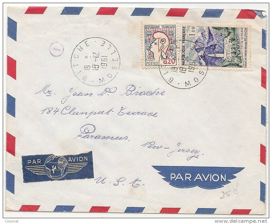 FRANCE - Type Marianne De Cocteau  - Double Red Misplaced - 1961 COVER Yvert # 1282 + 1241 - From BITCHE  To  NEW JERSEY - 1961 Marianne (Cocteau)