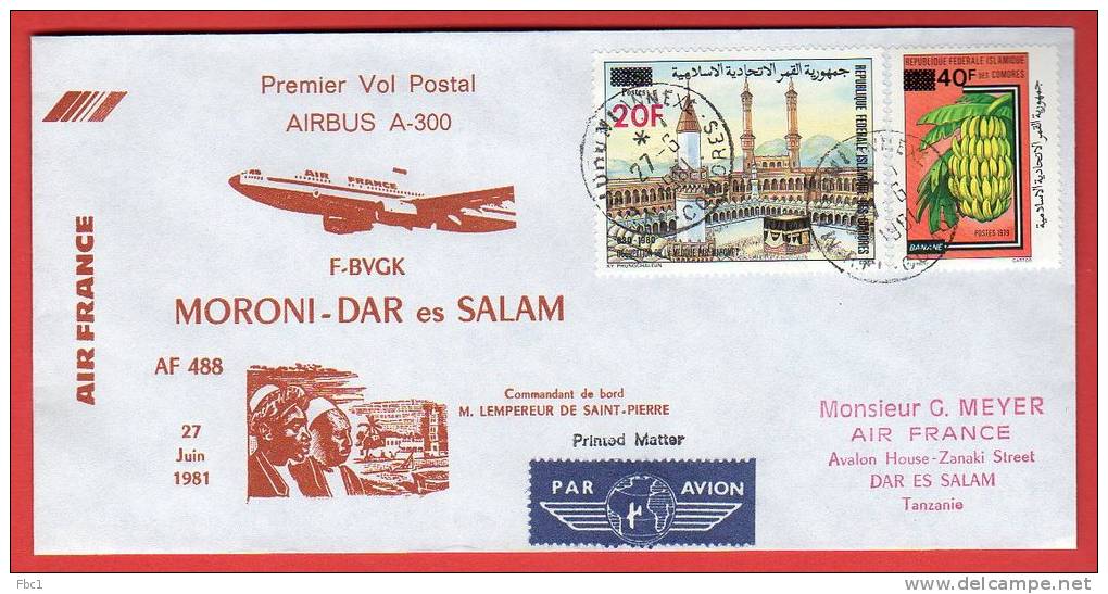 Comores - Premier Vol Postal Moroni-Dar Es Salam (27/06/1981) Air France - Airbus A300 - Comores (1975-...)