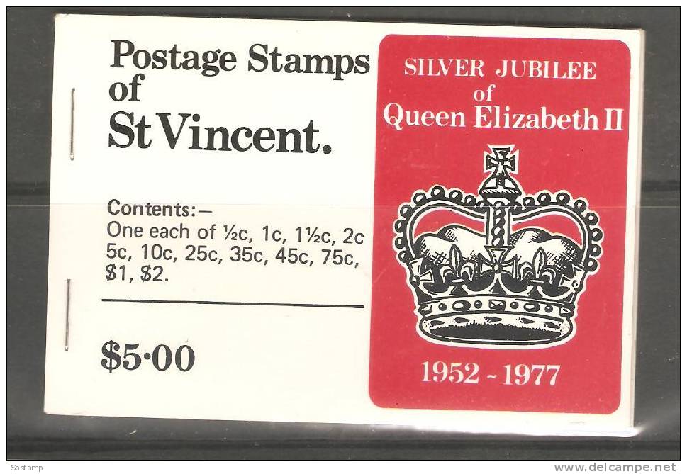 St Vincent 1977 $5 Silver Jubilee Booklet With 12 Stamps MNH In 3 Se-tenant Panes On Unwatermarked Paper - St.Vincent (1979-...)