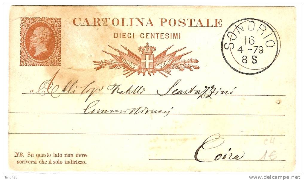 ITALIE -  V E II -  EP CP 10c  SONDRIO / COIRA 16/4/1879 - Postwaardestukken