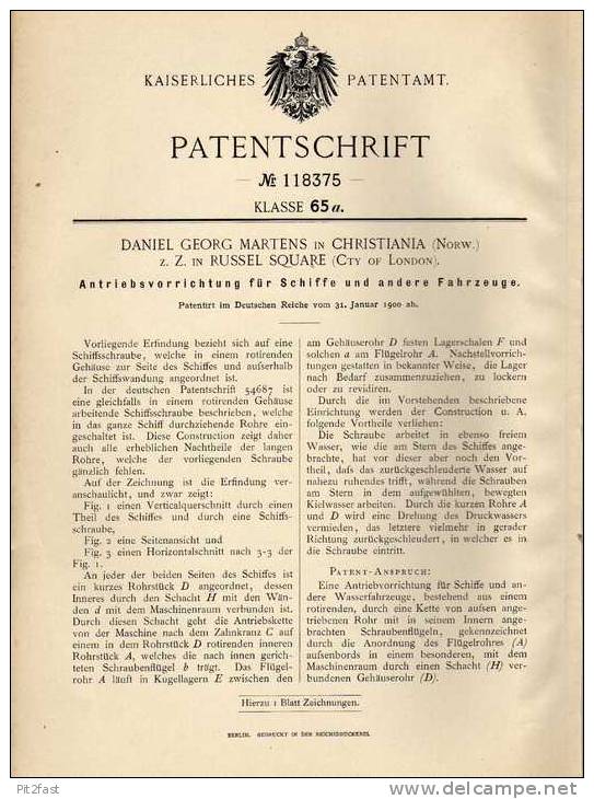 Original Patentschrift - D. Martens In Russel Square Und Christiania , 1900 , Antrieb Für Schiffe , Schiff , Boot!!! - Autres & Non Classés