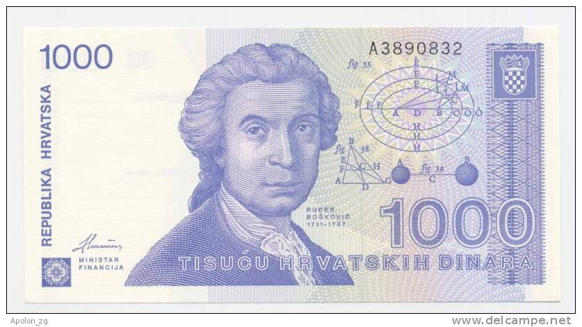 CROATIA  1000 Dinara 8.10.1991 UNC  *P-22a   SCARCE BANKNOTE !!! - Kroatien