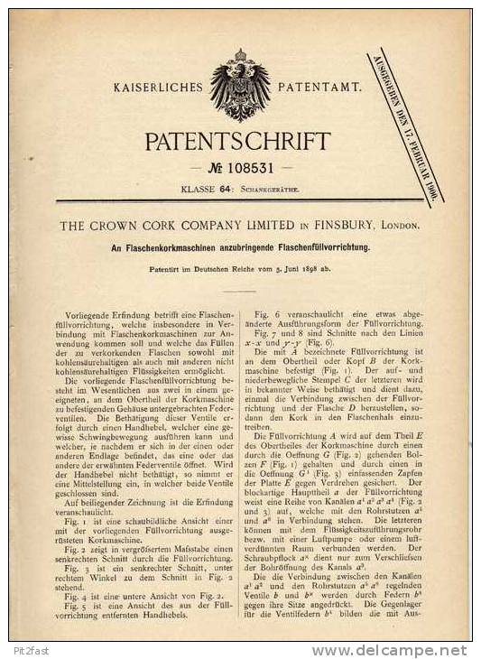 Original Patentschrift - The Crown Cork Company Ltd. In Finsbury , 1898 , Maschine Für Kronkorken !!! - Tools