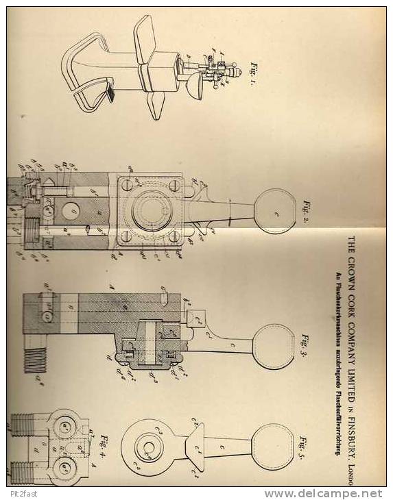 Original Patentschrift - The Crown Cork Company Ltd. In Finsbury , 1898 , Maschine Für Kronkorken !!! - Tools