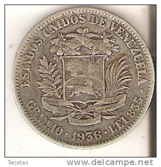 MONEDA DE PLATA DE VENEZUELA DE 2 BOLIVARES DEL AÑO 1936  (COIN) SILVER,ARGENT. - Venezuela