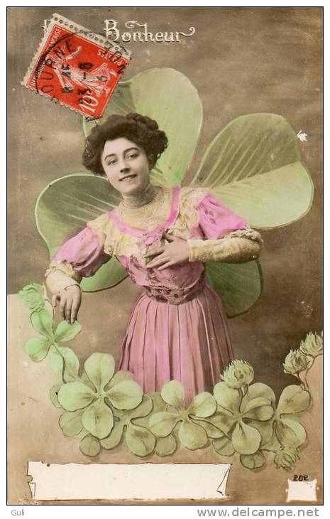 Fêtes - Voeux - PORTE BONHEUR  (n°2) (Trèfle à 4 Feuilles-Chance- Femme Robe- )  *PRIX FIXE - Autres & Non Classés