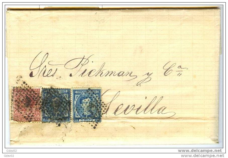 ESCA188-LC1909.Spain.Espa Gne.CARTA DE MALAGA A SEVILLA .1878.(Ed 188+175+175) Muy Bonita - Storia Postale