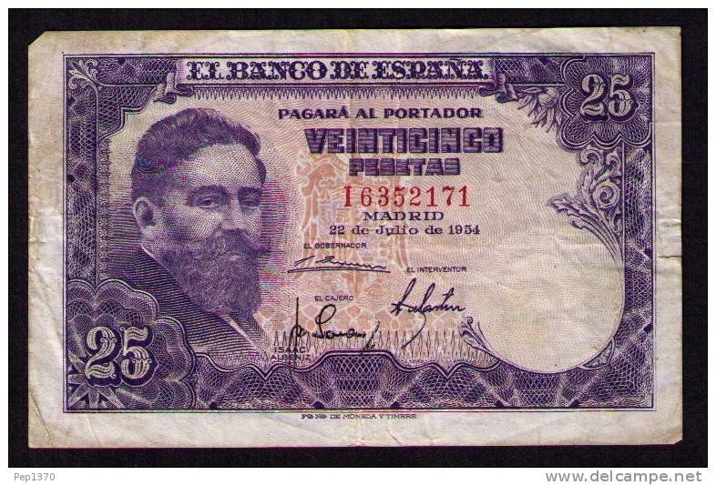 BILLETE DE 25 PESETAS DE 1954 - USADO - (ISAAC ALBENIZ) - 25 Pesetas